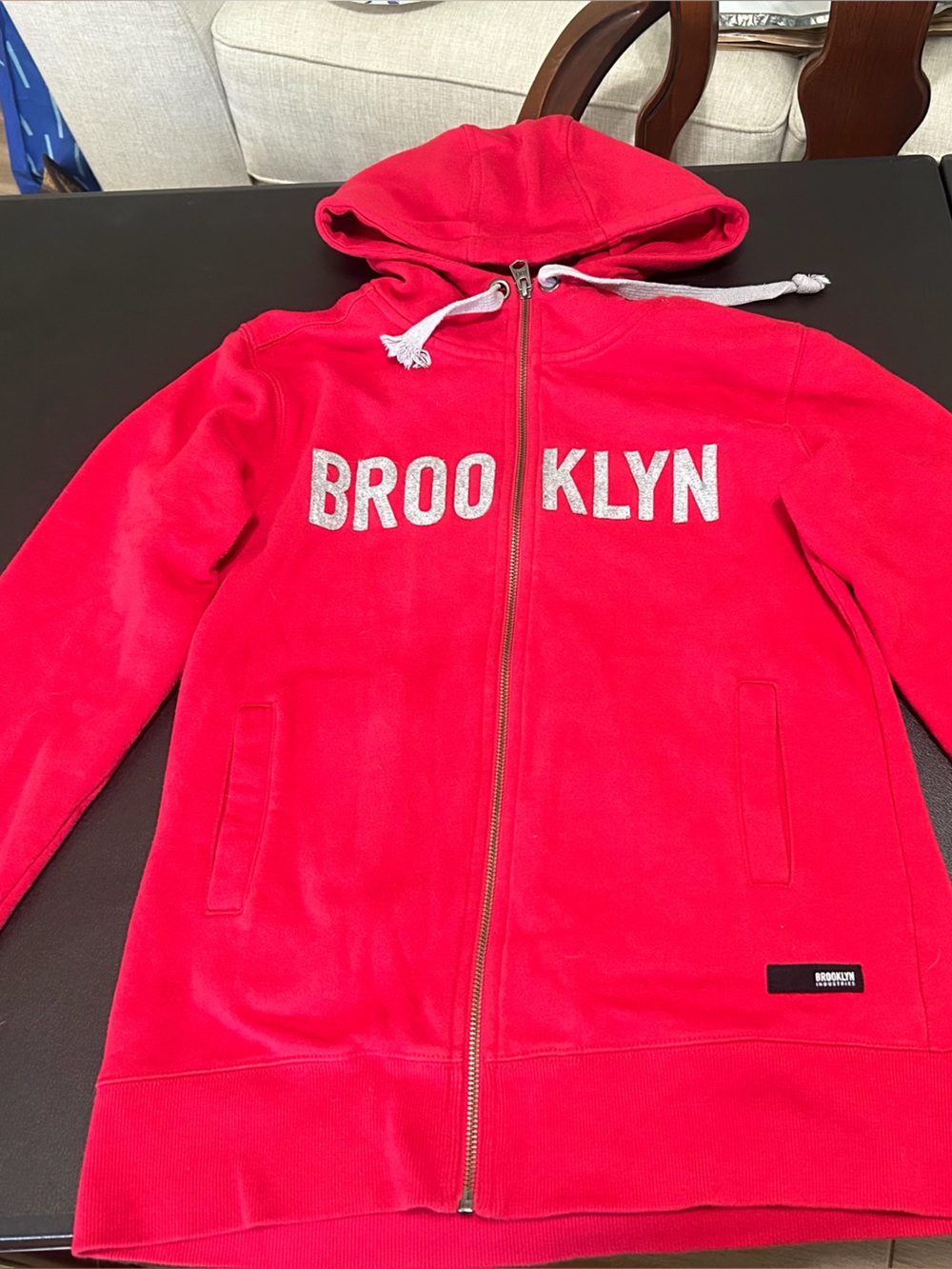 Bright Red Brooklyn Graphic Full Zip Hoodie Sweatshirt White Drawstrings Size M
